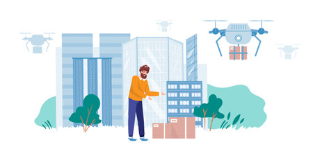 Vector cartoon flat man character receive online order buys from delivery drone. Modern delivery service-quadcopter delivers ordered goods to happy customer-online shop.のイラスト素材