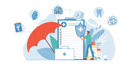 Vector cartoon flat doctor character at work - medical insurance,diagnostics,treatment and therapy concept with internal organs,medical devices and symbolsのイラスト素材