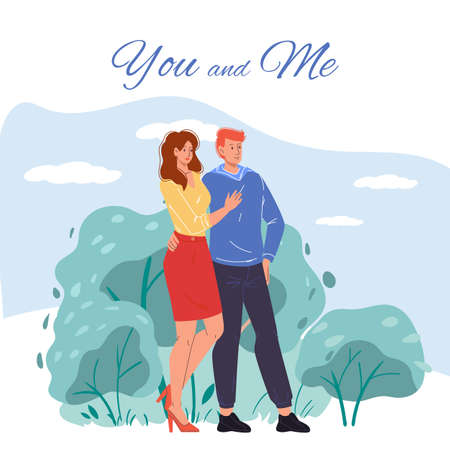 Vector cartoon flat character couple,saint Valentine Day greeting card design.Young man woman in love on date outdoors in park.のイラスト素材