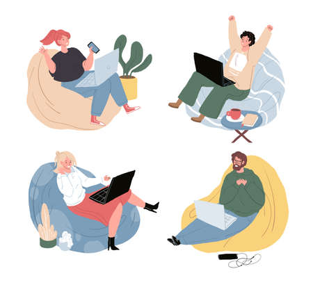 Set of vector cartoon flat characters sitting in bean bags at cozy home atmosphere,laptop on lap. Young people relaxing,enjoy,talking using laptops indoors.のイラスト素材