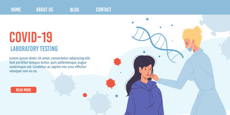 Vector cartoon flat doctor character at work doing PCR test. Physician take patient saliva sample.のイラスト素材