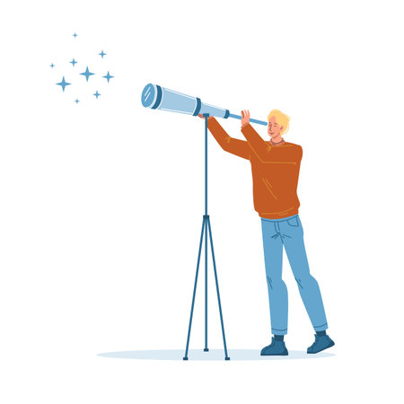 Vector cartoon flat character looking into the distance on glowing stars using telescope.