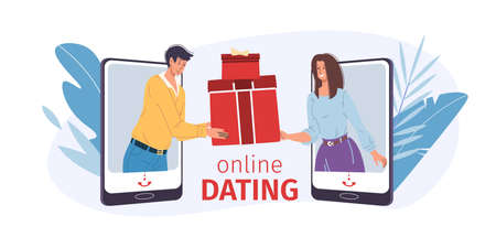 Vector cartoon flat characters couple communicates in online site,dating mobile app.Young people exchange gift presents,talk in love chat-greeting card,web banner ad,social media postcard conceptのイラスト素材