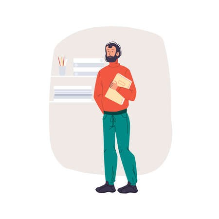 Cartoon flat man character stands on interior background.Young stylish male standing,posing - web online banner design,social conceptのイラスト素材