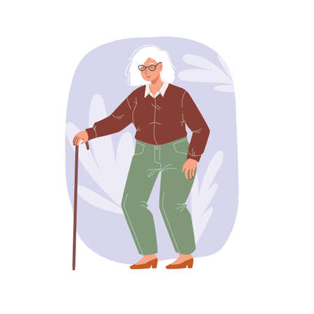 Cartoon flat woman character stands on floral background.のイラスト素材