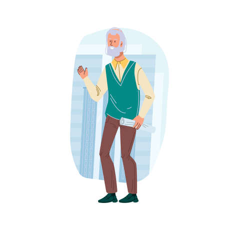 Cartoon flat woman character stands on city building background.Elderly stylish grandpa standing,posing - web online banner design,social conceptのイラスト素材