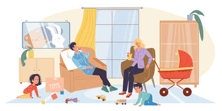 Vector cartoon flat family characters life scene situation.のイラスト素材