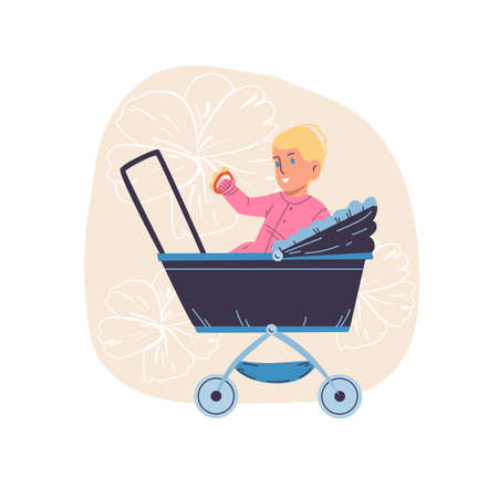 Cartoon flat baby character on floral background.Little child person sitting in babys carriage - kids fashion,web online banner design,social conceptのイラスト素材