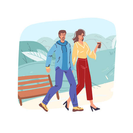 Vector cartoon flat characters couple on walk. Young man woman in love walking in city park outdoorsのイラスト素材