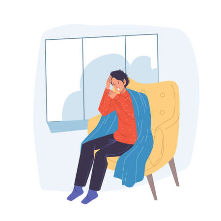 Vector cartoon flat patient character ill,sick person indoor at home quarantine self isolation-fever, virus protection,  viral disease infection treatment and therapy medical conceptのイラスト素材
