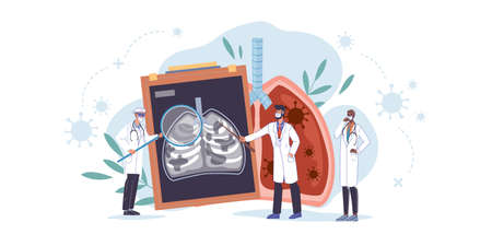 Vector cartoon flat doctor characters at work,physicians with medical devices,uniform lab coats study x-ray photo lungsのイラスト素材