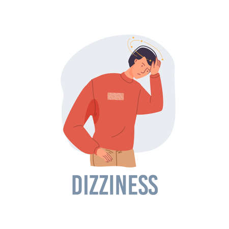 Vector cartoon flat patient character ill,sick person-dizziness disease treatment and therapy medical conceptのイラスト素材