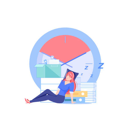 Vector cartoon flat manager office worker character procrastinating at workplace. Bad employee sleeping-procrastination, work productivity, workflow organization, deadline failure web site banner concept.のイラスト素材