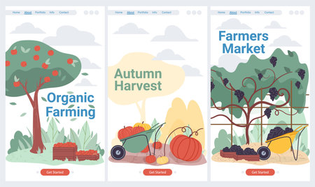 Vector cartoon flat fruits and vegetables crops harvest in farmland-natural, organic farmers market, agriculture concept. Set of web online landing page templates site design.のイラスト素材