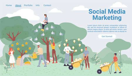 Vector cartoon flat farmer characters harvest like hand, rating star, idea lamp symbols from tree-social media marketing, management, smm creative web online landing page template design concept.のイラスト素材