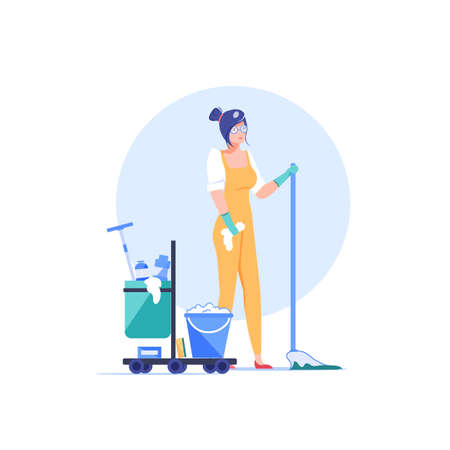 Vector cartoon cleaning company employee character at work.Domestic worker cleaner person with mop bucket equipment tools,different chemicals-cleaning service profession,web site banner ad conceptのイラスト素材