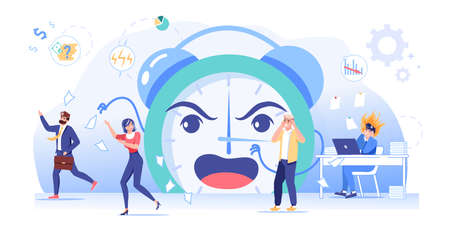 Vector cartoon flat office workers,big clock character at work deadline scene.Afraid upset employees in panic,overwork in deadline stress situation-workflow optimization,web site banner conceptのイラスト素材