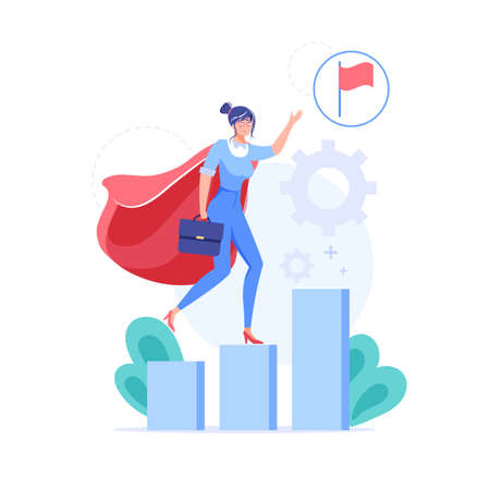 Vector cartoon flat business character present goal achievment symbol on growth chart.Happy employee superhero shows flag-metaphor of work task complete,progress web site banner conceptのイラスト素材