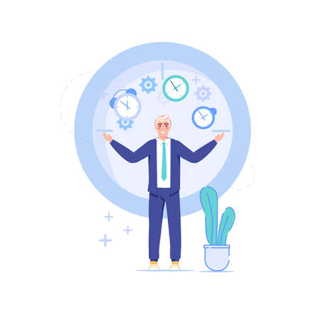 Vector cartoon flat office worker character and big clock.Successful happy employee controls everything,does all works in time-professional workflow,time management,web site banner conceptのイラスト素材