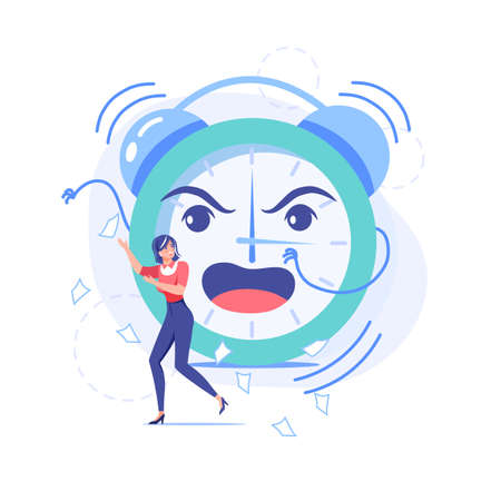 Vector cartoon flat office worker,big clock character at work deadline scene.Afraid upset employee in panic,overwork in deadline stress situation-workflow optimization,web site banner conceptのイラスト素材