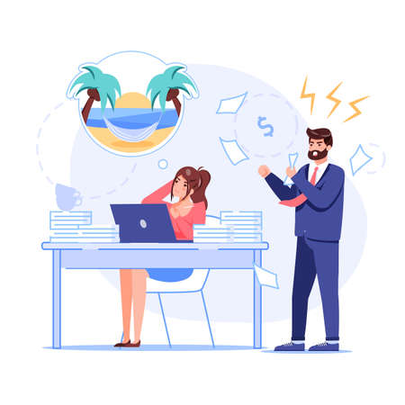 Vector cartoon flat boss manager,office worker characters at work conflict scene.Angry boss shout at bad employee,who dreams of vacation-procrastination,work productivity web site banner conceptのイラスト素材