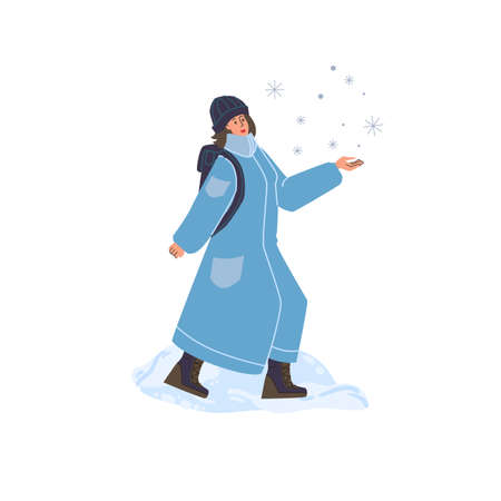 Vector flat cartoon character walking outdoor in snow at winter season - fashion,emotions,healthy lifestyle social conceptのイラスト素材