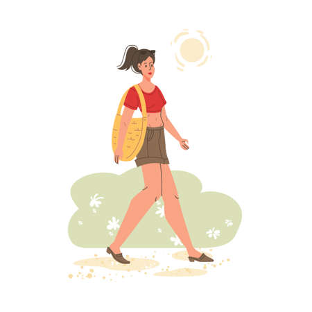Vector flat cartoon girl character walking outdoor at summer season time - fashion,emotions,healthy lifestyle social conceptのイラスト素材