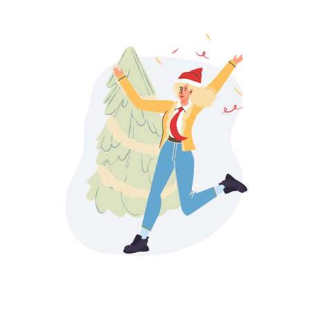 Vector cartoon flat character rejoice,Merry Christmas and Happy New Year celebration with xmas tree - holiday celebrating,emotions,social conceptのイラスト素材