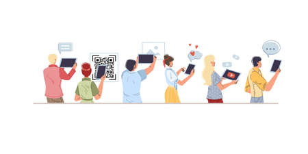 Set of vector cartoon flat characters using mobile gadgets,phones, tablets with empty blank screen - online education,social media,internet surfing concept ready to use in web online site designのイラスト素材