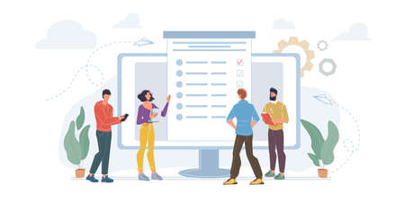 Vector cartoon flat characters passing online survey,test,exam and checking results on screen mobile phone devices,monitors - distance online education and examination conceptのイラスト素材