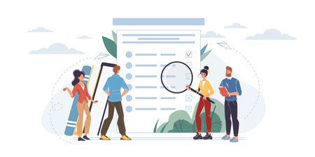 Vector cartoon flat characters passing online survey,test,exam and checking results on screen mobile...