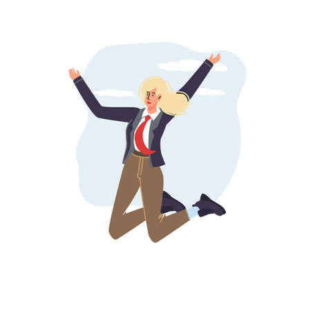 Vector cartoon flat character in happy mood,rejoice,celebrate success,jumping happily - emotions,success,healthy social conceptのイラスト素材