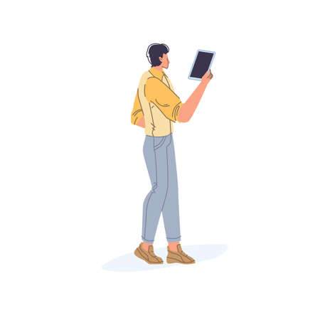 Vector cartoon flat character using mobile gadget tablet smartphone with empty blank screen - online education,social media,internet surfing concept ready to use in web online site designのイラスト素材