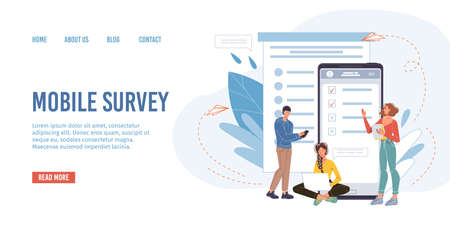 Vector cartoon flat characters passing online survey,test,exam and checking results on screen mobile phone devices,monitors - ready to use web online site design,education and examination conceptのイラスト素材