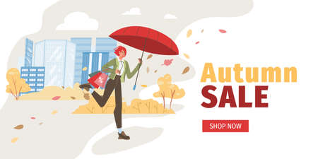 Vector flat cartoon characters at autumn sale,walking and run for shopping discounts - online web season sales,social media,fashion,emotions,lifestyle conceptのイラスト素材