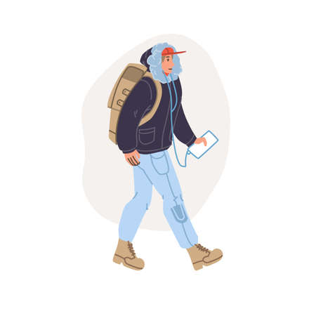 Vector flat cartoon character walking outdoor in snow at winter season - fashion,emotions,healthy lifestyle social conceptのイラスト素材