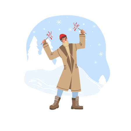 Vector flat cartoon character celebrate Christmas,New Year holidays outdoor in snow at winter season - fashion,emotions,healthy lifestyle social conceptのイラスト素材