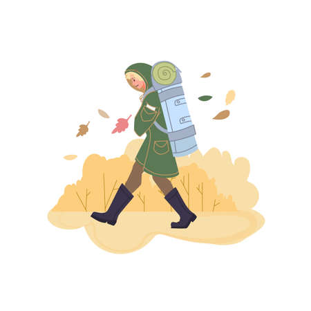 Vector flat cartoon character in autumn season outdoor on hike walking with backpack - fashion,emotions,healthy lifestyle social conceptのイラスト素材