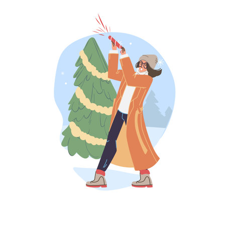 Vector cartoon flat character rejoice,Merry Christmas and Happy New Year celebration with xmas tree - holiday celebrating,emotions,social conceptのイラスト素材