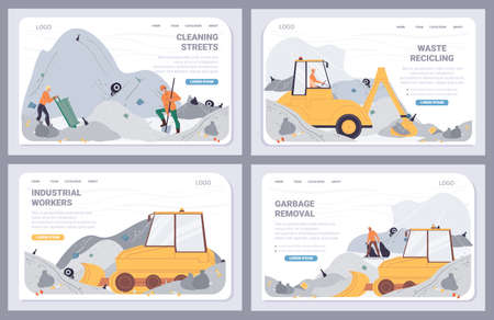 Vector cartoon flat industrial worker characters at garbage removal,landing page set.Sanitation workers drive trash disposal machine,cleans dump-recycling,energy,resource recovery,web banner conceptのイラスト素材
