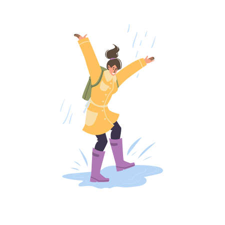 Vector flat cartoon character in autumn season walking outdoor under the rain - fashion,emotions,healthy lifestyle social conceptのイラスト素材