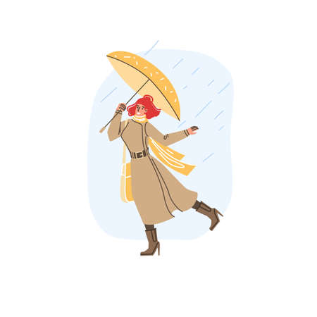 Vector flat cartoon character in autumn season walking outdoor under the rain holding umbrella - fashion,emotions,healthy lifestyle social conceptのイラスト素材