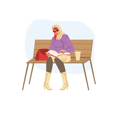 Vector flat cartoon girl character in autumn season sitting on bench, read book outdoor - fashion,emotions,healthy lifestyle social conceptのイラスト素材