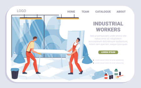 Vector cartoon flat industrial worker characters,office renovation landing page design.Builder workers repair,decorate new office building-interior repairs,renovation,design,web site banner conceptのイラスト素材