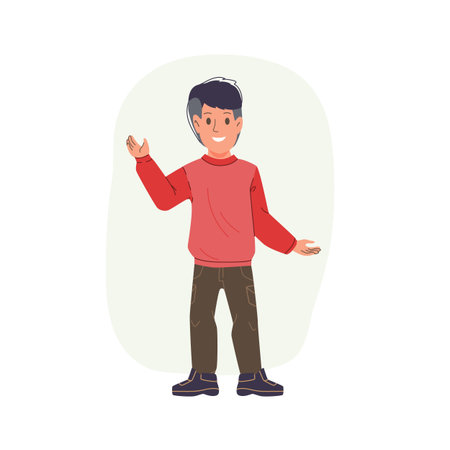 Vector cartoon flat boy character kid happy greeting,waving hand- childrens fashion,kids...
