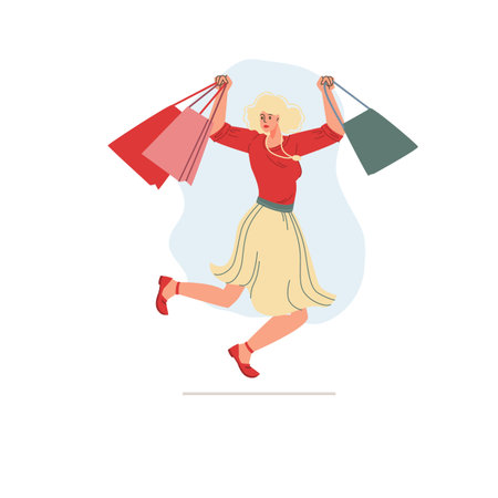 Vector flat cartoon character on shopping sale - discounts,sales,fashion,emotions,lifestyle,social conceptのイラスト素材