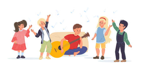 Vector cartoon flat kid characters happy listening to guitar music and dancing - various poses, social communication, friendship conceptのイラスト素材