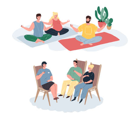 Vector flat cartoon characters,pregnant women do exercises in meditation class-preparing to childbirth courses for future mothers.Web online design-family life scene,healthy lifestyle,social conceptのイラスト素材