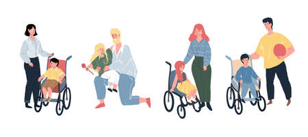 Vector cartoon flat characters,happy smiling children with disabilities,physical disorder or impairment and their loving parents-equal human rights,healthy society,social justice concept designのイラスト素材