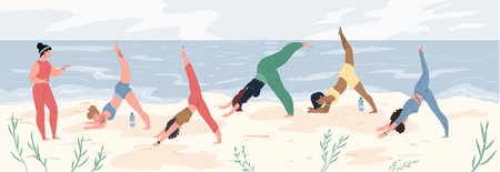 Vector flat cartoon women characters doing yoga-sports class,group of girls perform yoga poses on...